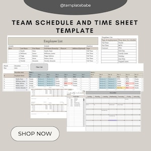 May include: A printable team schedule and time sheet template with a drop-down list for employee type, including full-time, part-time, and contract. The template includes a section for employee information, a calendar view for scheduling, and a monthly overview. The template is designed for use with Microsoft Excel.
