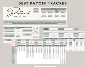 May include: A printable debt payoff tracker dashboard with a light grey background and a pink and grey colour scheme. The dashboard includes a debt summary, mortgage details, and a table to track payments. The text "Debt Payoff Tracker" is at the top of the page. The text "Dashboard Debt Payoff" is in a pink box at the top left of the page. The text "Shop Now" is at the bottom of the page.