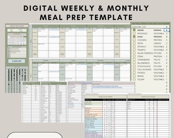 May include: Digital weekly and monthly meal prep template with a grocery list and pantry inventory. The template includes sections for meal planning, grocery lists, and pantry inventory. The image also includes a "Shop Now" button.