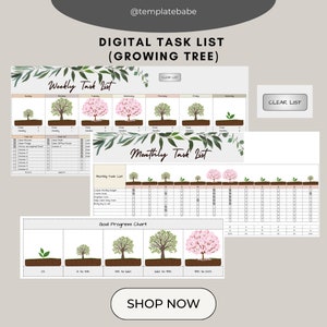 Puede incluir: Lista de tareas digital imprimible con un tema de árbol en crecimiento. La lista incluye secciones de tareas semanales y mensuales, así como un gráfico de progreso de objetivos. El gráfico muestra un árbol que crece desde una plántula hasta un árbol maduro a medida que completas tus objetivos.