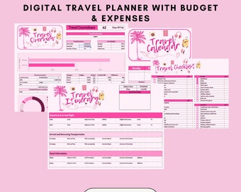 Pink Digital Travel Itinerary (Travel Budget & Expenses Tracker, Travel Calendar and Travel Checklist) for Googlesheets INSTANT DOWNLOAD