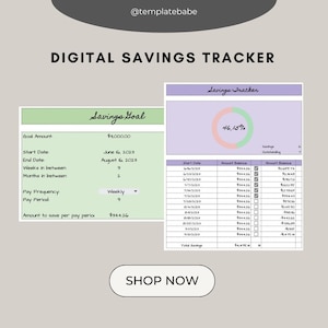 Puede incluir: Una plantilla de seguimiento de ahorros digital con un esquema de color verde y morado. La plantilla incluye una sección de objetivo de ahorro con campos para el monto del objetivo, la fecha de inicio, la fecha de finalización, las semanas intermedias, los meses intermedias, la frecuencia de pago, el período de pago y la cantidad a ahorrar por período de pago. La plantilla también incluye una sección de seguimiento de ahorros con un círculo de progreso que muestra el 46,15% ahorrado, una tabla con columnas para la fecha de inicio, el saldo de la cuenta, los ahorros pendientes y el saldo de la cuenta.