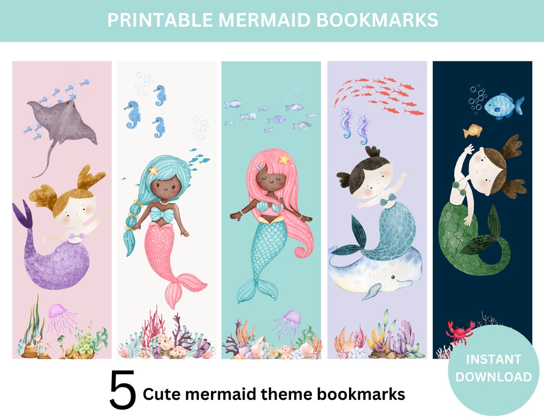 Printable Mermaid Bookmarks Set of 5 PNG &amp; PDF Bookmark - Etsy