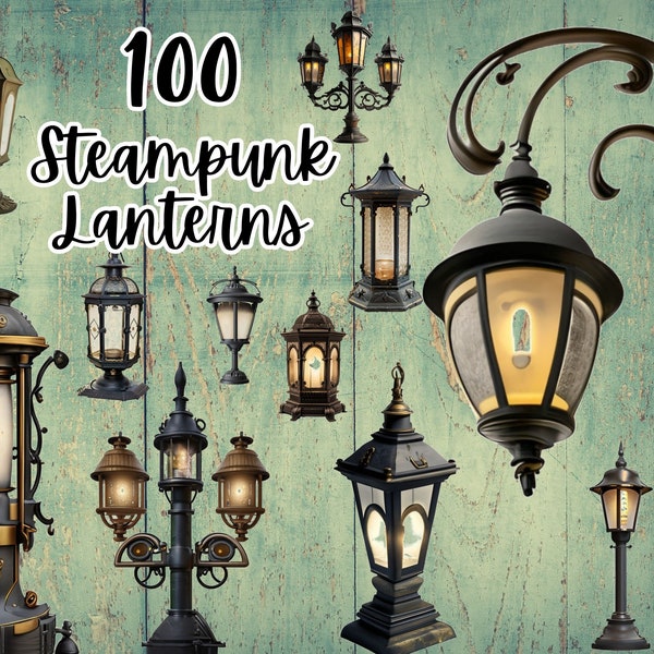 Ensemble de lanternes et lampadaires Steampunk | Fantasy Clipart Graphiques et feuilles de collage | Lampes vintage | Journaux indésirables | Téléchargement instantané