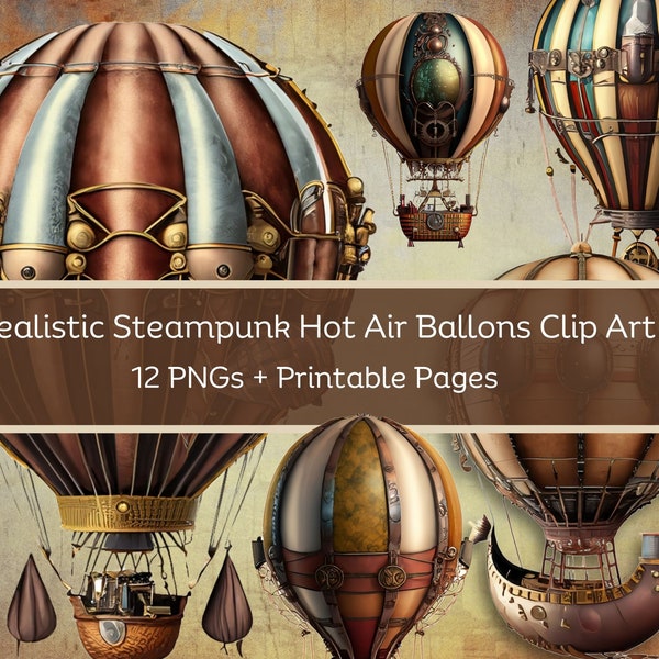 Steampunk Hot Air Balloons | Junk Journal | Ephemera | Printable | Collage Sheets | Sticker | Scrapbook | Digital Download | PNG, PDF