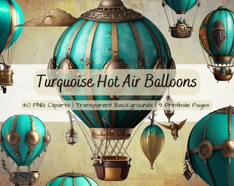 Turquoise Steampunk Hot Air Balloons | Junk Journal | Ephemera | Printable | Collage Sheets | Sticker | Scrapbook | Digital Download