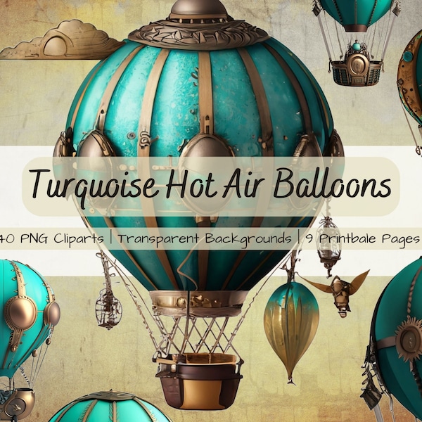 Turquoise Steampunk Hot Air Balloons | Junk Journal | Ephemera | Printable | Collage Sheets | Sticker | Scrapbook | Digital Download