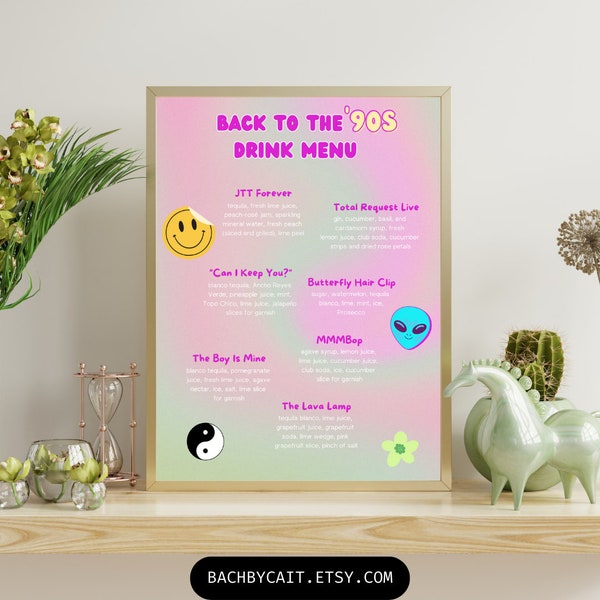 90s Drink Menu, 90s Bachelorette, 90s Party, 90s Nostalgia, 90s Girl, Party Drink Menu, Themed Party Drink Menu, 90s Theme Party, Bar Menu