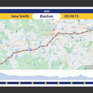 Imán de maratón personalizado con tu tiempo de llegada a Boston, mapa del recorrido y elevación. Adhesivo magnético laminado de 10 x 15 cm para parachoques de coche o nevera.