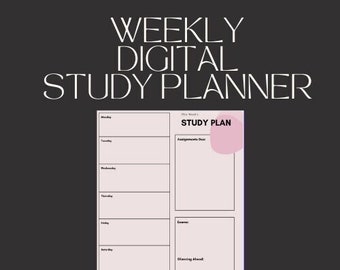 Könnte beinhalten: Ein digitaler wöchentlicher Studienplaner in Rosa und Weiß mit dem Text "STUDY PLAN" oben. Der Planer hat Abschnitte für fällige Aufgaben, Prüfungen und Vorausplanung.