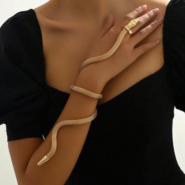 Snake Shape Wrap Around Finger Hand Chain Bracelet, Minimalist Arm Cuff, Gold Arm Band, Gift