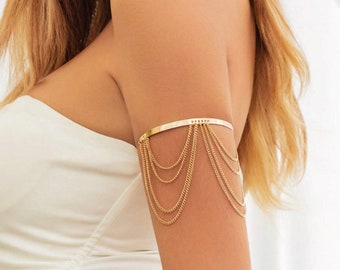 Minimalist Arm Cuff, Rectangle Cane Charm & Tassel Design, Gold Arm Band, Gold Upper Arm Cuff Bracelet, Silver Arm Band, Arm Cuff Gold, Gift
