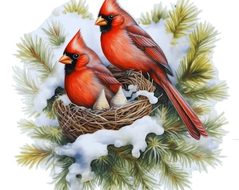 Cardinal in Nest - Fabric Panel Square ~4,5, 6, 8, 10, 12, 14 for sewing projects