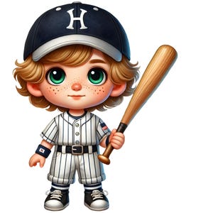 May include: A cartoon-style character with wavy blonde hair and green eyes wearing a navy blue baseball cap with a white letter H, a white pinstriped baseball uniform with a black belt, and black sneakers, holding a wooden baseball bat.