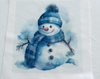Watercolor Snowman -Fabric Panel Square ~4"x4",5x5, 6x6, 8,x8 10x10,12x12, 14x14,for sewing projects