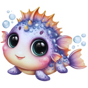 May include: A whimsical illustration of a cartoon fish with large, expressive eyes. The fish features a color palette of purple, pink, and orange, with bubble accents. The fish has a smiling expression, and is a cute, friendly character.