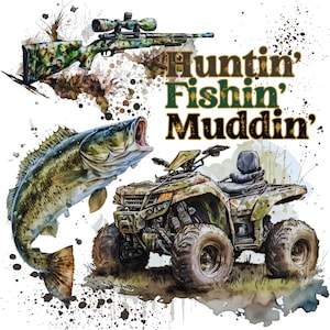 May include: A watercolor illustration of a hunting, fishing, and mudding theme. The image features a camouflage rifle, a largemouth bass, and a camouflage ATV.