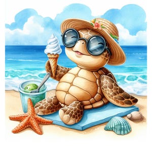 May include: A cartoon turtle wearing sunglasses and a straw hat sits on a blue beach towel with a scoop of ice cream and a small container of green sorbet. The turtle is on a sandy beach with blue ocean water in the background.