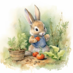May include: A watercolor painting of a brown rabbit wearing blue overalls and holding a red tomato. The rabbit is standing in a garden with green plants and red tomatoes.