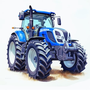 May include: A blue and white tractor with large tires. The tractor has a large exhaust pipe and a large front grill.