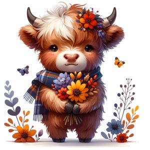 May include: A whimsical illustration of a Highland cow calf with brown fur, a white patch, and small horns. It wears a blue plaid scarf and a floral crown. The calf holds a bouquet of colorful flowers, with butterflies and floral accents.