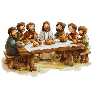 May include: Watercolor illustration of the Last Supper. Jesus and his disciples are seated around a wooden table covered with a white cloth. Bread and cups are on the table. The scene is set outdoors with a grassy area.