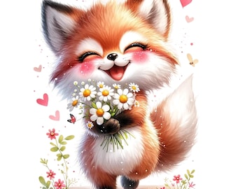 May include: A fluffy orange and white fox with large eyes and rosy cheeks, smiling while holding a bouquet of white daisies with yellow centers. The scene includes small pink hearts, a tiny butterfly, and green stems with pink flowers.