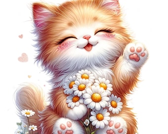 Cat With Flowers- Fabric Panel Square ~4&quot;x4&quot;,5x5, 6x6, 8x8, 10x10, 12x12, 14x14 inch fabric panel for sewing projects