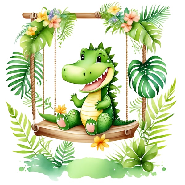 Dinosaur on Swing- Fabric Panel ~4,5, 6, 8, 10, 12, 14, inch fabric panel for sewing projects