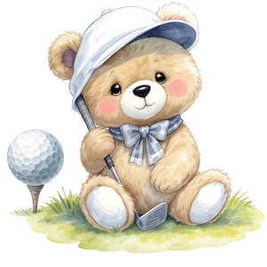 May include: Watercolor illustration of a teddy bear wearing a white golf cap and a blue plaid scarf, holding a golf club. A golf ball sits on a tee in the grass. The bear has rosy cheeks and a black nose.