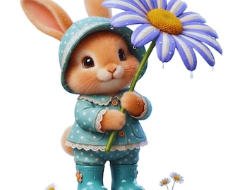 Bunny Flower -Fabric Panel Square ~4"x4",5x5, 6x6, 8x8, 10x10,12x12,14x14,  inch for sewing projects