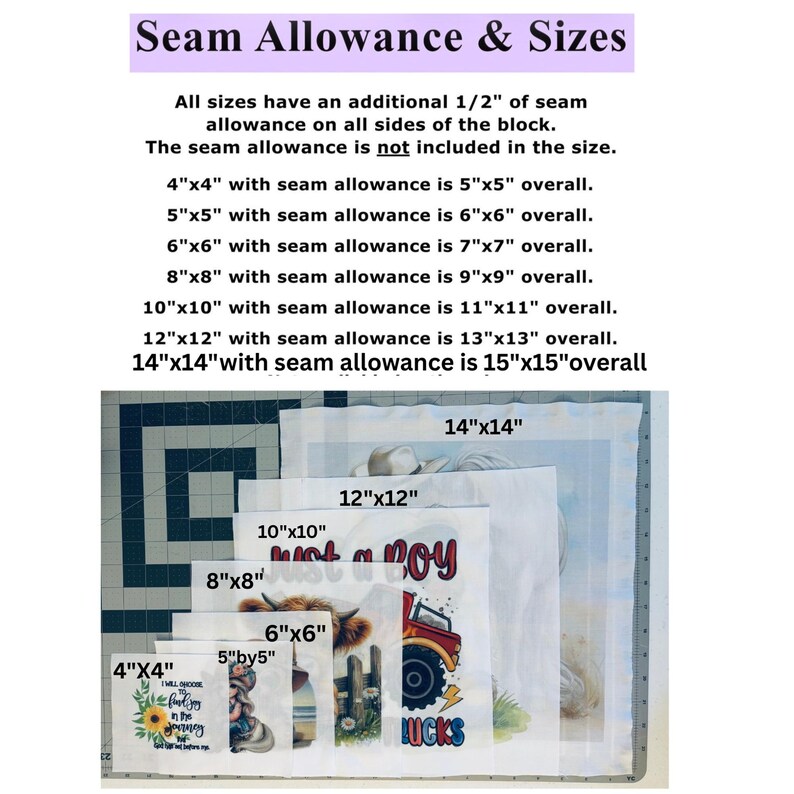 May include: A size chart titled Seam Allowance & Sizes listing dimensions from 4x4 inches to 14x14 inches with a 1/2 inch seam allowance. Below, a stack of seven square fabric blocks with printed graphics, labeled 4x4, 5x5, 6x6, 8x8, 10x10, 12x12, and 14x14 inches.