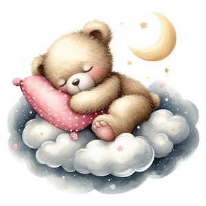 May include: A fluffy light brown teddy bear sleeping on a soft white cloud. The bear rests its head on a pink polka-dot pillow. Above the bear, a yellow crescent moon and small golden stars are visible against a white background.