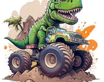 Dinosaur driving Monster Truck - Fabric Panel Square~4&quot;x4&quot;,5x5, 6x6, 8x8, 10x10, 12x12, 14x14, inch for sewing projects