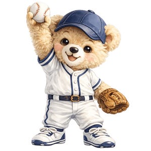 May include: A tan teddy bear figurine wearing a blue baseball cap, a white baseball uniform with blue trim, and white sneakers. The bear holds a white baseball with red stitching in its raised right hand and wears a brown leather baseball glove.