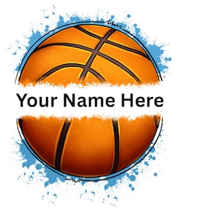 May include: A circular graphic featuring an orange basketball with black seams, bisected by a horizontal white banner containing the black text Your Name Here, set against a light blue paint splatter background with a dark blue circular outline.