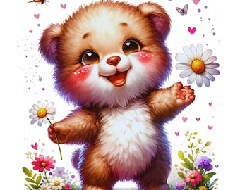 Bear With Flowers - Fabric Panel Square ~ 4,5,6, 8, 10, 12, 14 inch for sewing projects