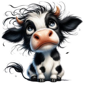 May include: A cartoon illustration of a cute cow calf with a black and white coat, large blue eyes, and a pink nose. The calf is sitting down and looking upwards with a slightly sad expression. The cow has small horns and a fluffy appearance.