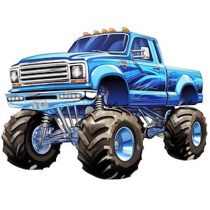 May include: A blue monster truck illustration with large tires and a lifted suspension. The truck has a detailed design with a chrome grill, headlights, and a blue and white paint scheme. The tires are black and brown.