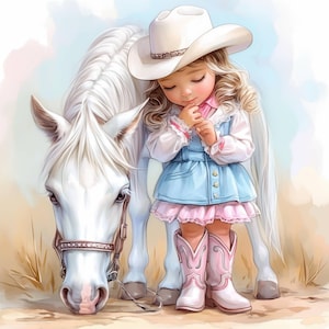 May include: A watercolor illustration of a young child in a cowboy hat and boots, standing next to a white horse. The child wears a blue denim dress over a pink dress, with pink cowboy boots. The horse has a brown bridle.