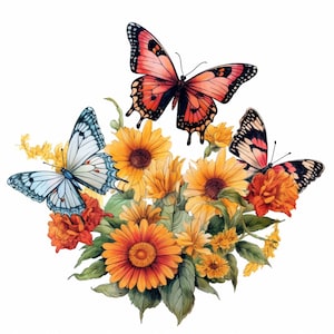 3 Butterflies and Sunflowers Fabric Panel ~4,5, 6, 8, 10, 12, 14 inch fabric panel for sewing projects