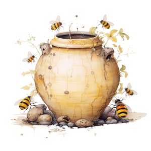 May include: A yellow ceramic pot with a rough texture and a few bees flying around it. The pot is sitting on a bed of rocks and surrounded by green leaves.