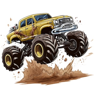 May include: Illustration of a yellow monster truck with large black tires and gold rims, jumping over a dirt mound. The truck has a chrome grill and is splattered with brown markings, suggesting mud or rust.