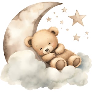May include: A brown teddy bear sleeping on a crescent moon with a white cloud. The moon is surrounded by small gold stars and one large gold star.