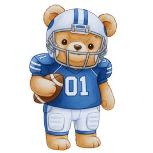 May include: A watercolor illustration of a teddy bear wearing a blue and white football uniform and helmet. The bear is holding a brown football and the jersey has the number 01 on it. The bear is standing on a white background.