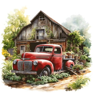 Old Barn Red Truck - Fabric Panel Square ~ 4"x4",5x5,6x6, 8x8, 10x10, 12x12, 14x14 inch for sewing projects