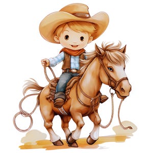 May include: A cartoon illustration of a young cowboy riding a brown horse. The cowboy is wearing a brown hat, a blue shirt, a brown vest, and blue jeans. The horse has a brown saddle and a brown bridle.