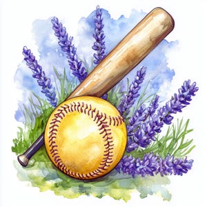 May include: Watercolor illustration of a softball, baseball bat, and lavender sprigs. The softball is yellow with red stitching. The bat is light brown. Lavender flowers are purple, with green grass and a blue sky background.