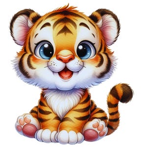 May include: A cartoon illustration of a cute tiger cub. The tiger has orange and black stripes, big blue eyes, and a pink nose. It is sitting with its paws crossed and its tail curled.