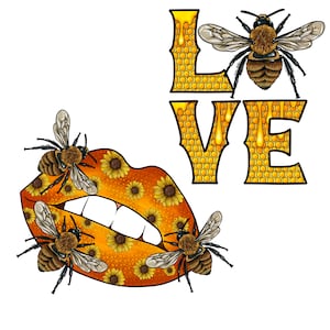 May include: A graphic design featuring the word LOVE in a yellow honeycomb pattern with a bee resting on the letter L. Below, a pair of orange lips covered in a sunflower print features three bees perched on the edges of the lips.